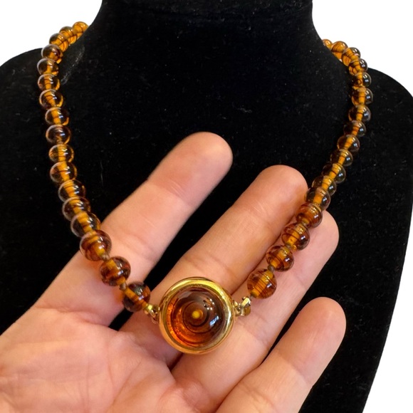 Jewelry - Faux Tortoise Shell Amber Vintage Glass Beaded Necklace Large Box Cabochon Clasp